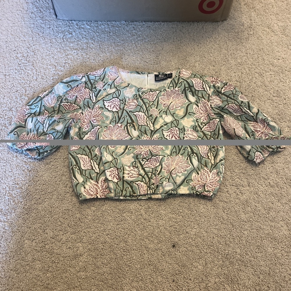 Madison Mathews Crop Top Women‎ S Green Red White Puff Sleeve Boho Cotton